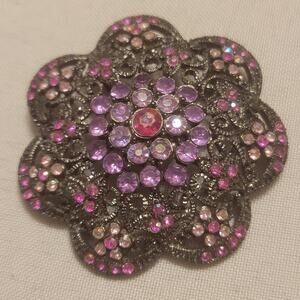 Seven Petal Flower Broach Pin Pendant Purple Pink Stones Open Filigree Vintage